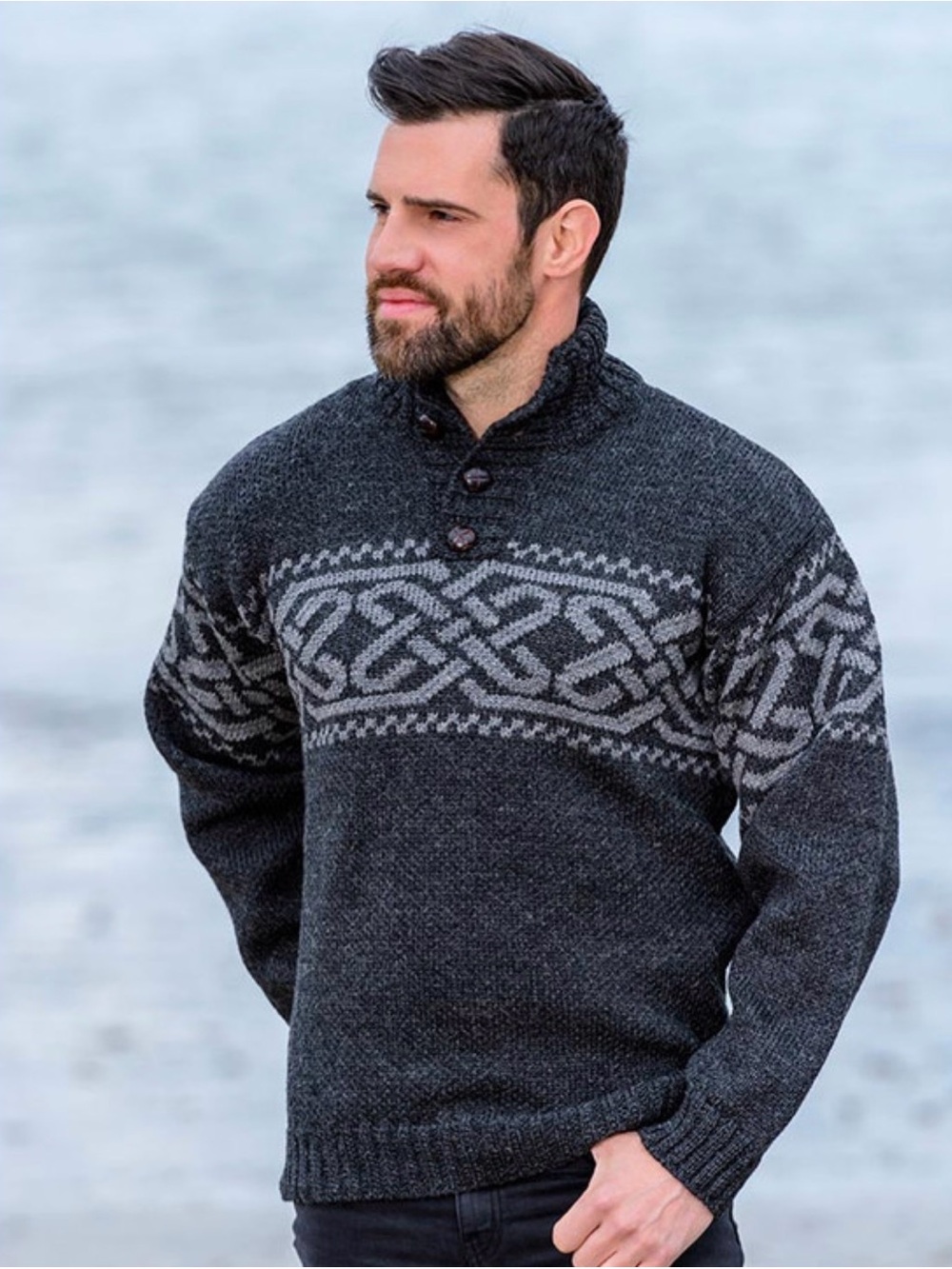 Carraig Donn Aran Irish 100% Wool Celtic Fisherman’s Sweater XL Blk/Grey